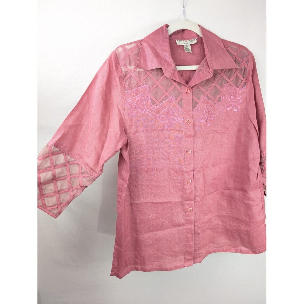 Vintage Y2K 100% Linen Embroidered Sheer Button Shirt Size S Pink‎ Coastal Boho